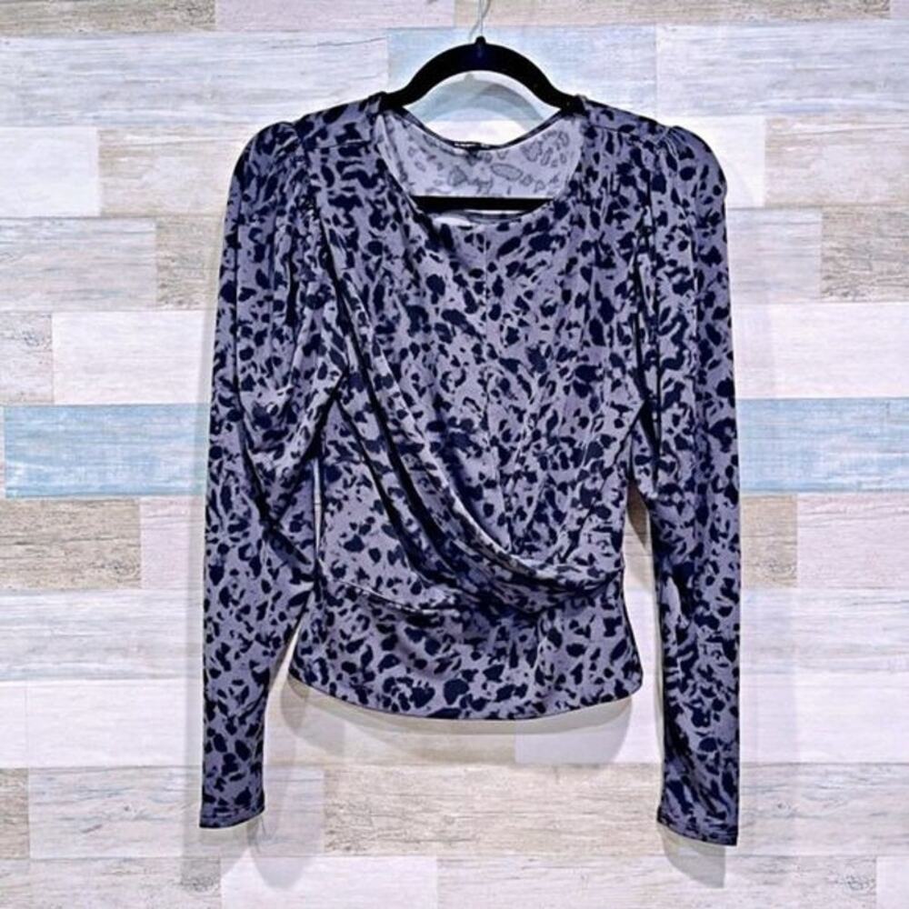 EXPRESS Animal Print Drapey Gigot Sleeve Blouse Gray Womens XS